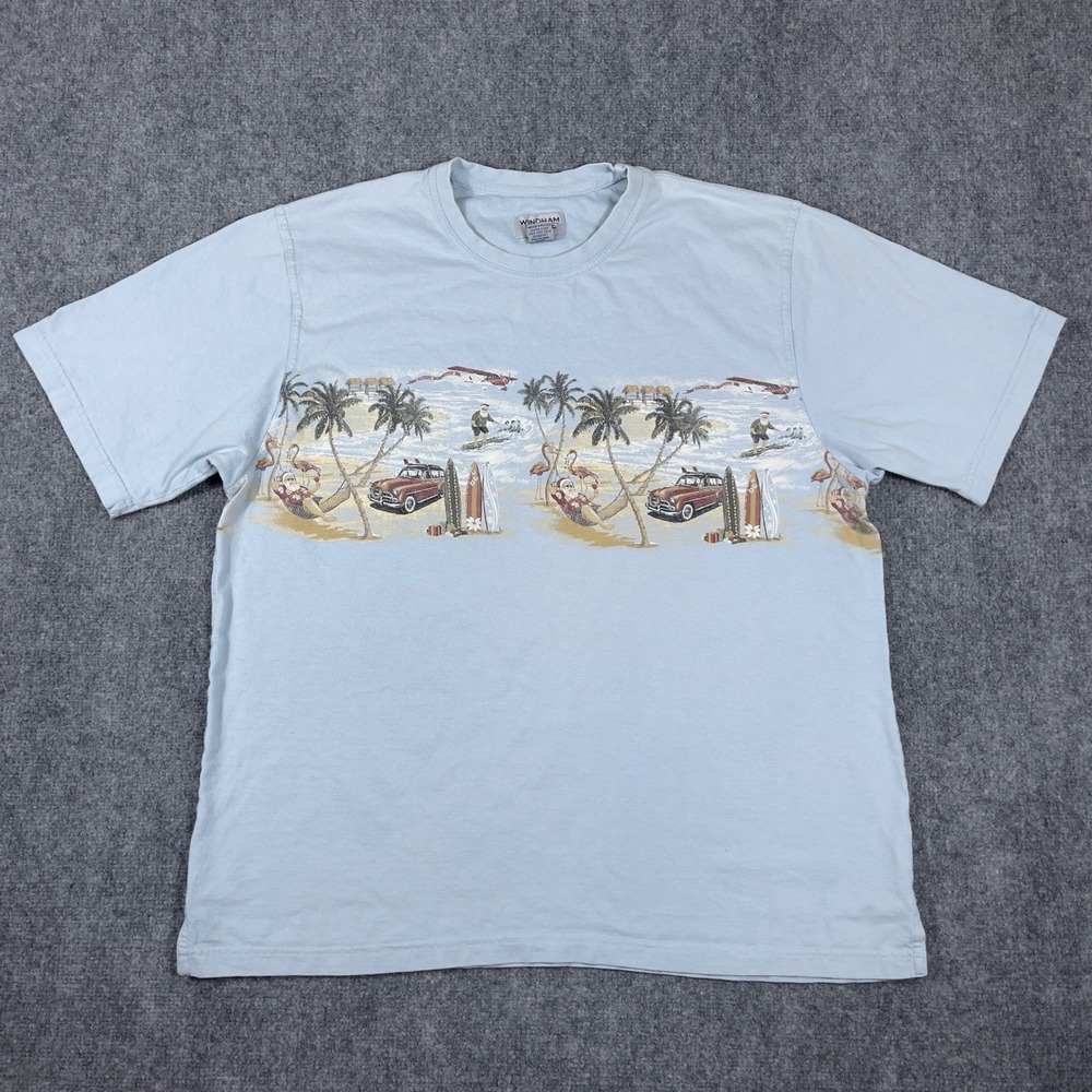 Windham Pointe T-Shirt Mens XXL Blue Tropical Santa Surfing Beach Graphic Tee